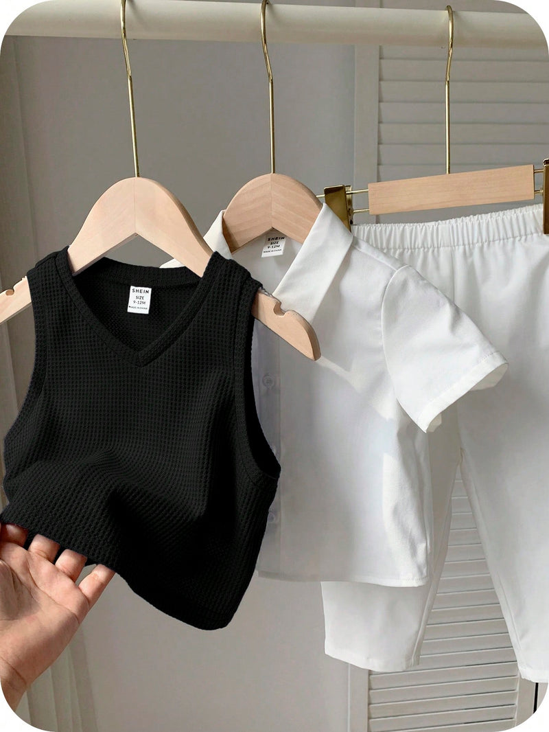 3 peças/Conjunto Menino Bebê Azul e Branco Top Polo de Manga Curta para Verão/Outono, Colete Sólido e Calça, Estilo Cavalheiro Britânico, Macio e Versátil para Festa de Aniversário, Batizado, 1º Aniversário, Eventos, Casamentos