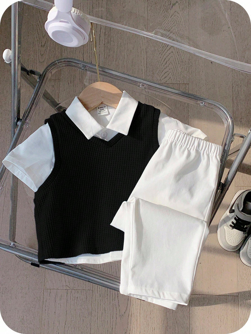 3 peças/Conjunto Menino Bebê Azul e Branco Top Polo de Manga Curta para Verão/Outono, Colete Sólido e Calça, Estilo Cavalheiro Britânico, Macio e Versátil para Festa de Aniversário, Batizado, 1º Aniversário, Eventos, Casamentos