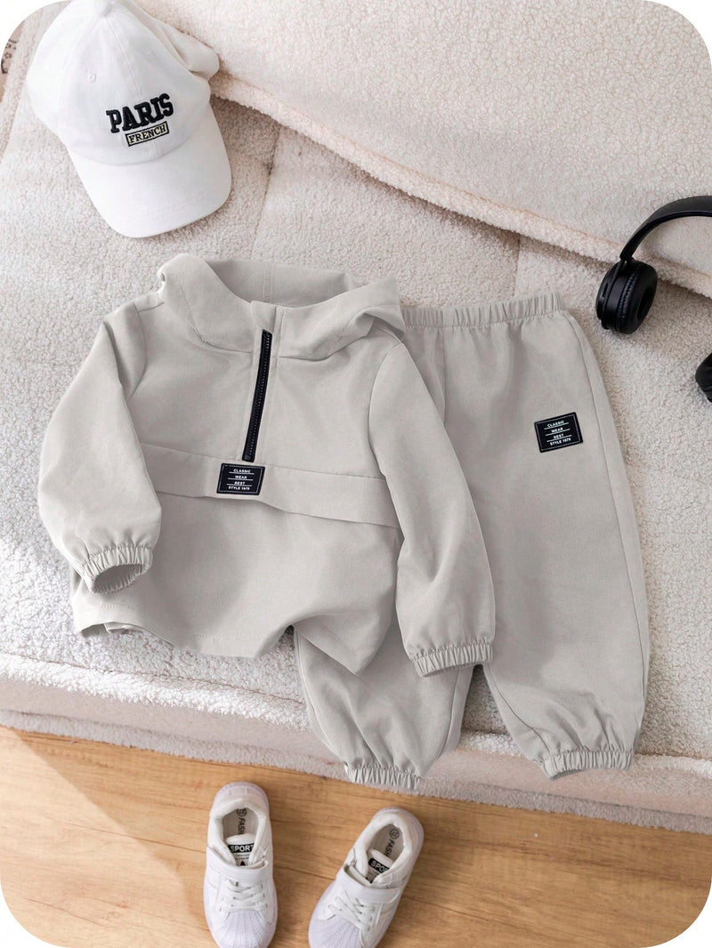 2 Peças Conjunto de Roupa de Outono Verde para Bebê Menino - Moletom com Capuz com Costura Decorativa e Calça com Cintura Elástica, Conjunto Esportivo Casual Combinável Adequado para Uso Externo e Doméstico