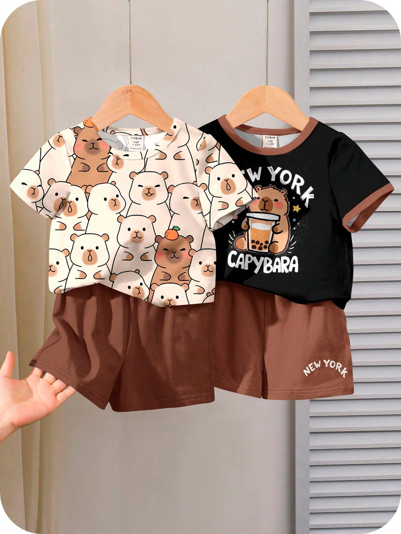 4 peças/conjunto de Verão Estilo Coreano Casual Fofo, Padrão de Desenho Animado Listrado Camiseta Manga Curta, Shorts de Elástico com Bolsos para Meninos e Meninas Bebês