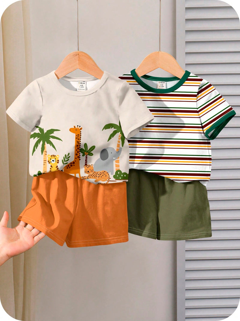 4 peças/conjunto de Verão Estilo Coreano Casual Fofo, Padrão de Desenho Animado Listrado Camiseta Manga Curta, Shorts de Elástico com Bolsos para Meninos e Meninas Bebês