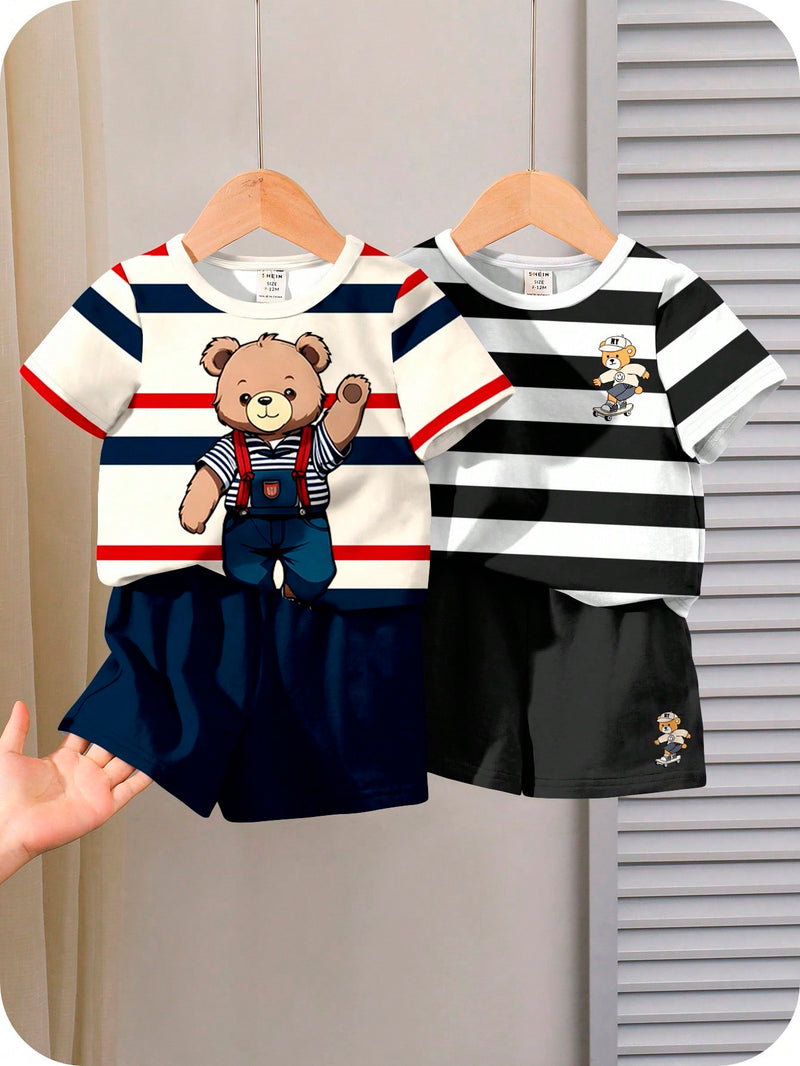 4 peças/conjunto de Verão Estilo Coreano Casual Fofo, Padrão de Desenho Animado Listrado Camiseta Manga Curta, Shorts de Elástico com Bolsos para Meninos e Meninas Bebês